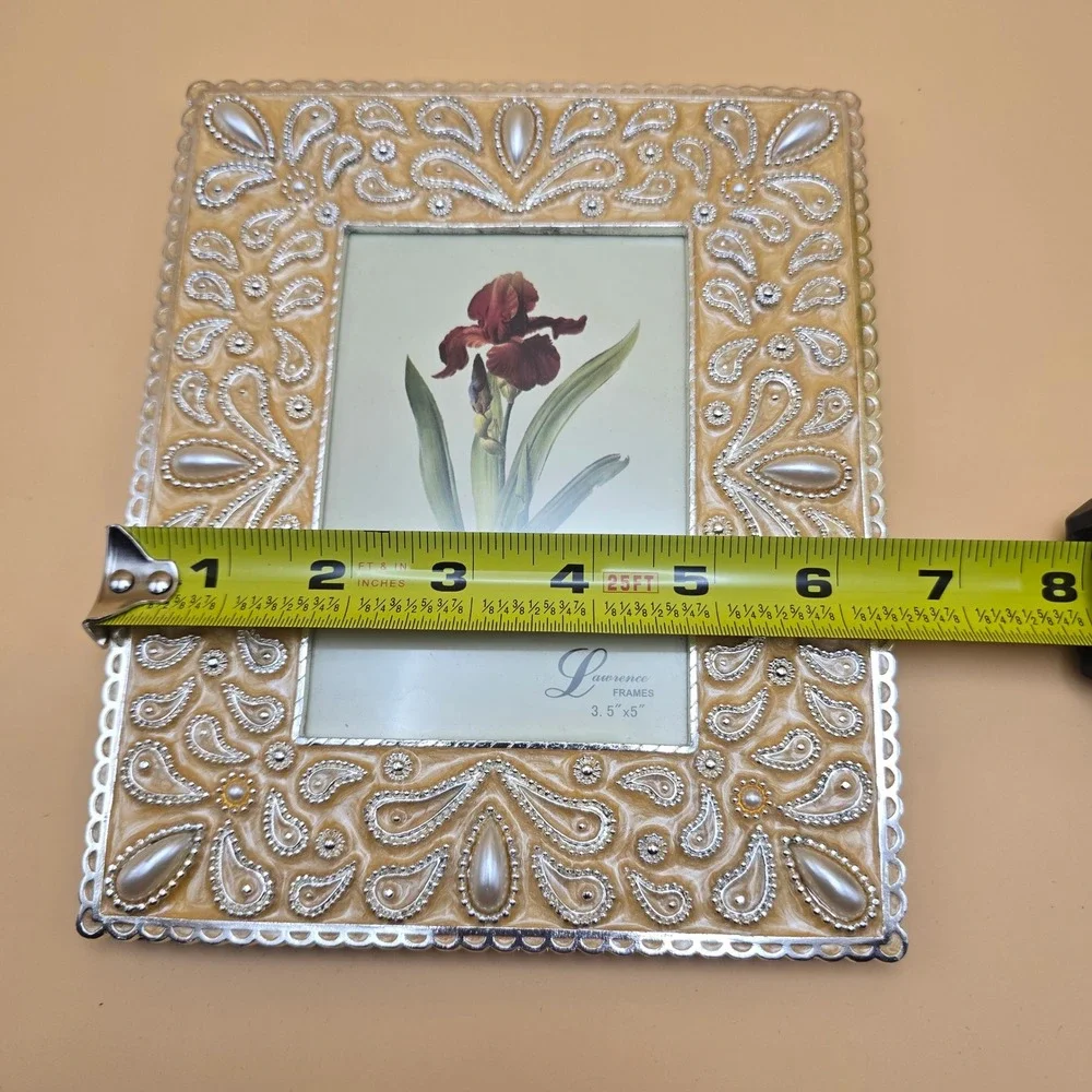 Lawrence Frames 3.5x5 Paisley Pearl Enamel Silver Tone Picture Frame Cream